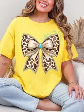 Gildan Yellow Tee with Leopard Bow Graphic